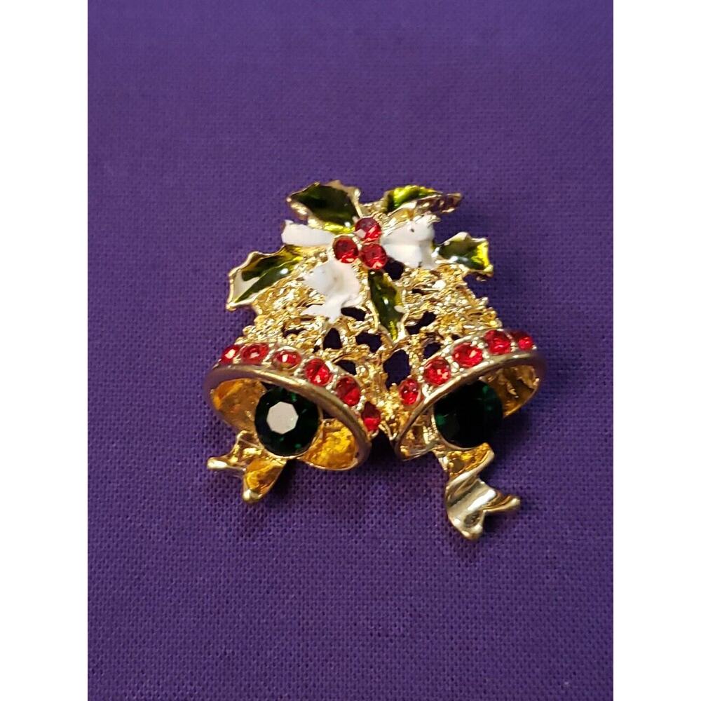 Christmas Bells Brooch Pin Gold Tone Metal, Red & Green Rhinestones, White Bow